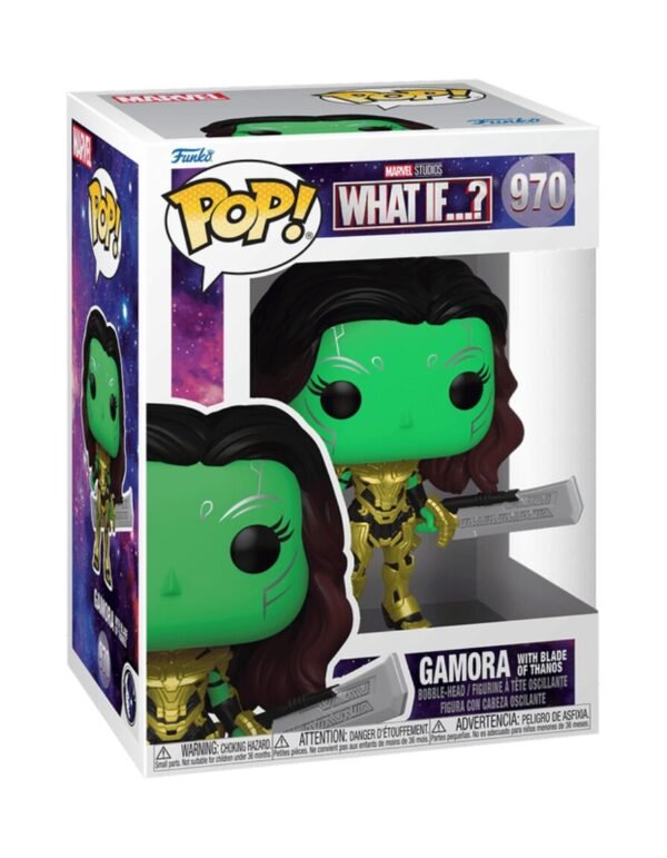 Funko Pop Marvel: What If - Gamora Con Espada De Thanos Esta pieza de vinil destaca por su fantástico diseño y nivel de detalle: muestra a la letal asesina de piel verde luciendo la imponente armadura dorada de Thanos, con grabados cibernéticos plateados en su rostro y cabello oscuro con destellos rojizos.